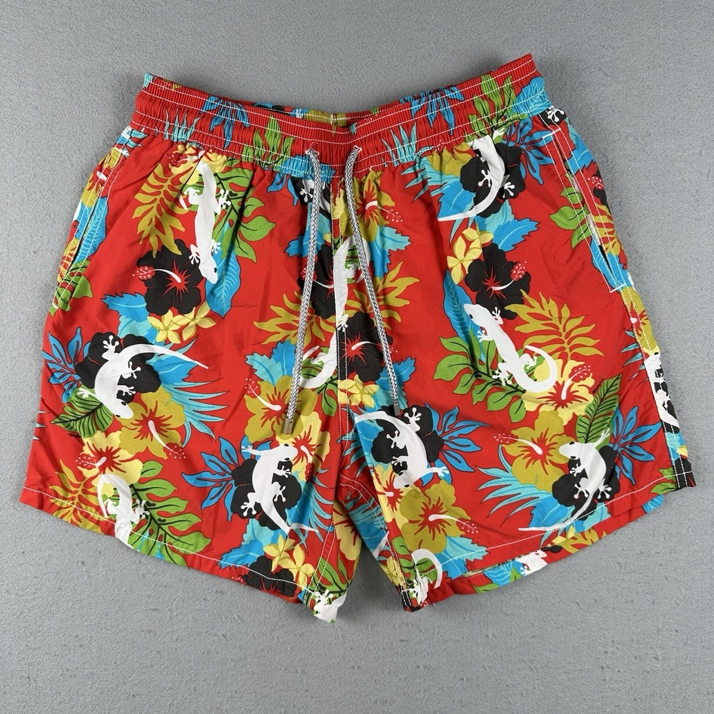 Vilebrequin Swim Trunks Men's XL Red Tropical Floral Lizard Lined Drawstring
